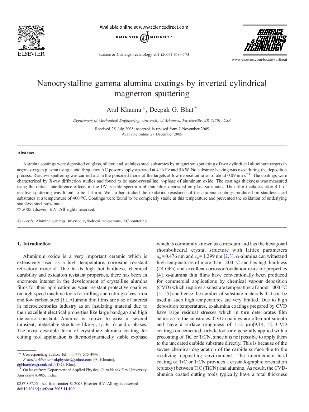 Nanocrystalline gamma alumina coatings by inverted cylindrical magnetron sputtering