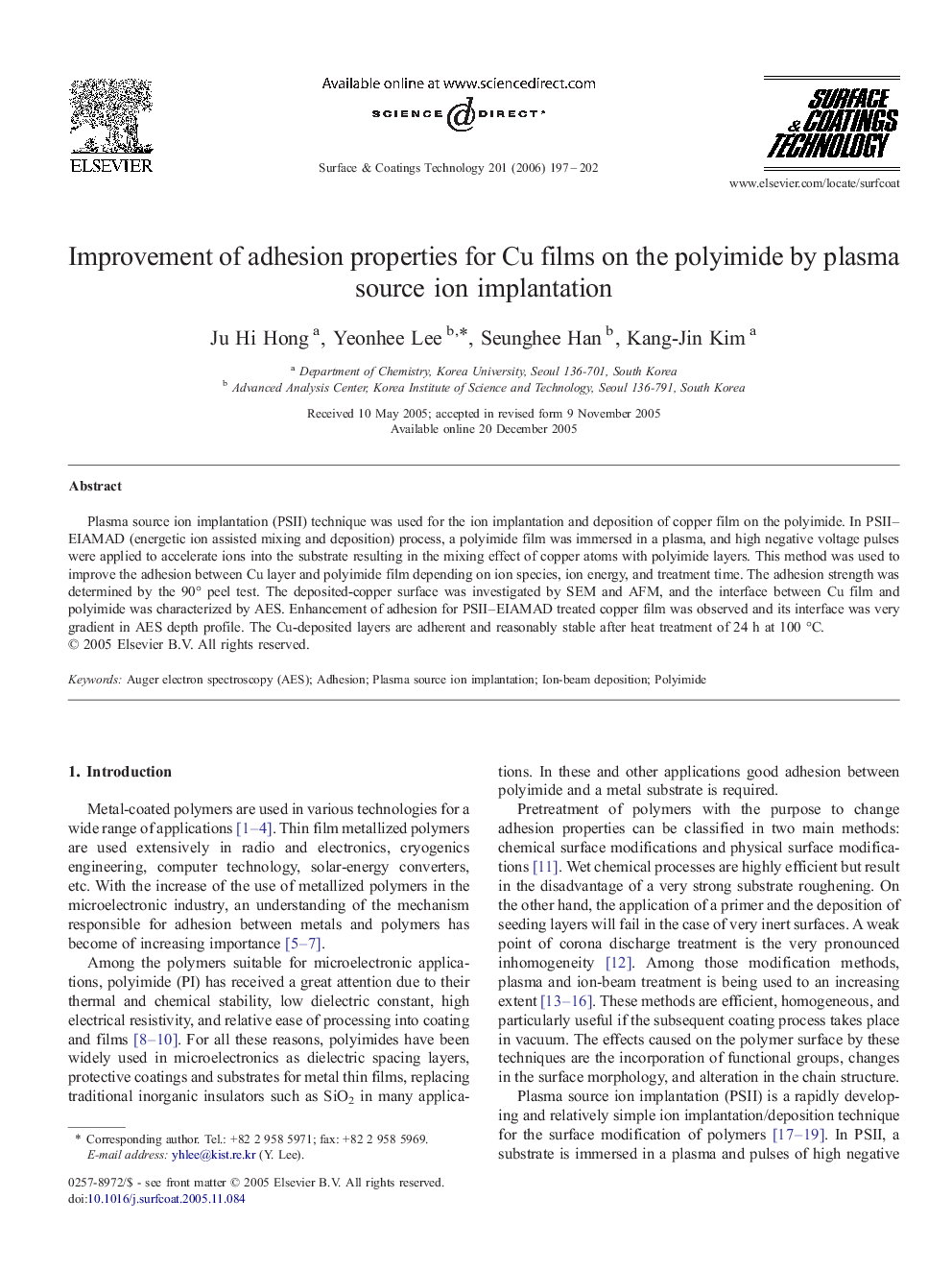 Improvement of adhesion properties for Cu films on the polyimide by plasma source ion implantation