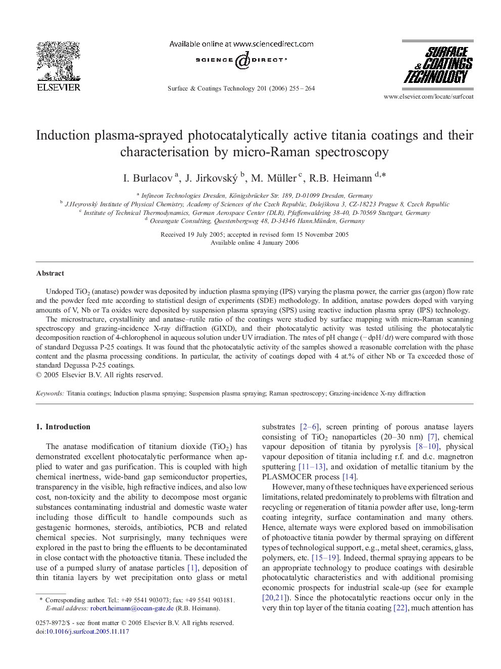 Induction plasma-sprayed photocatalytically active titania coatings and their characterisation by micro-Raman spectroscopy