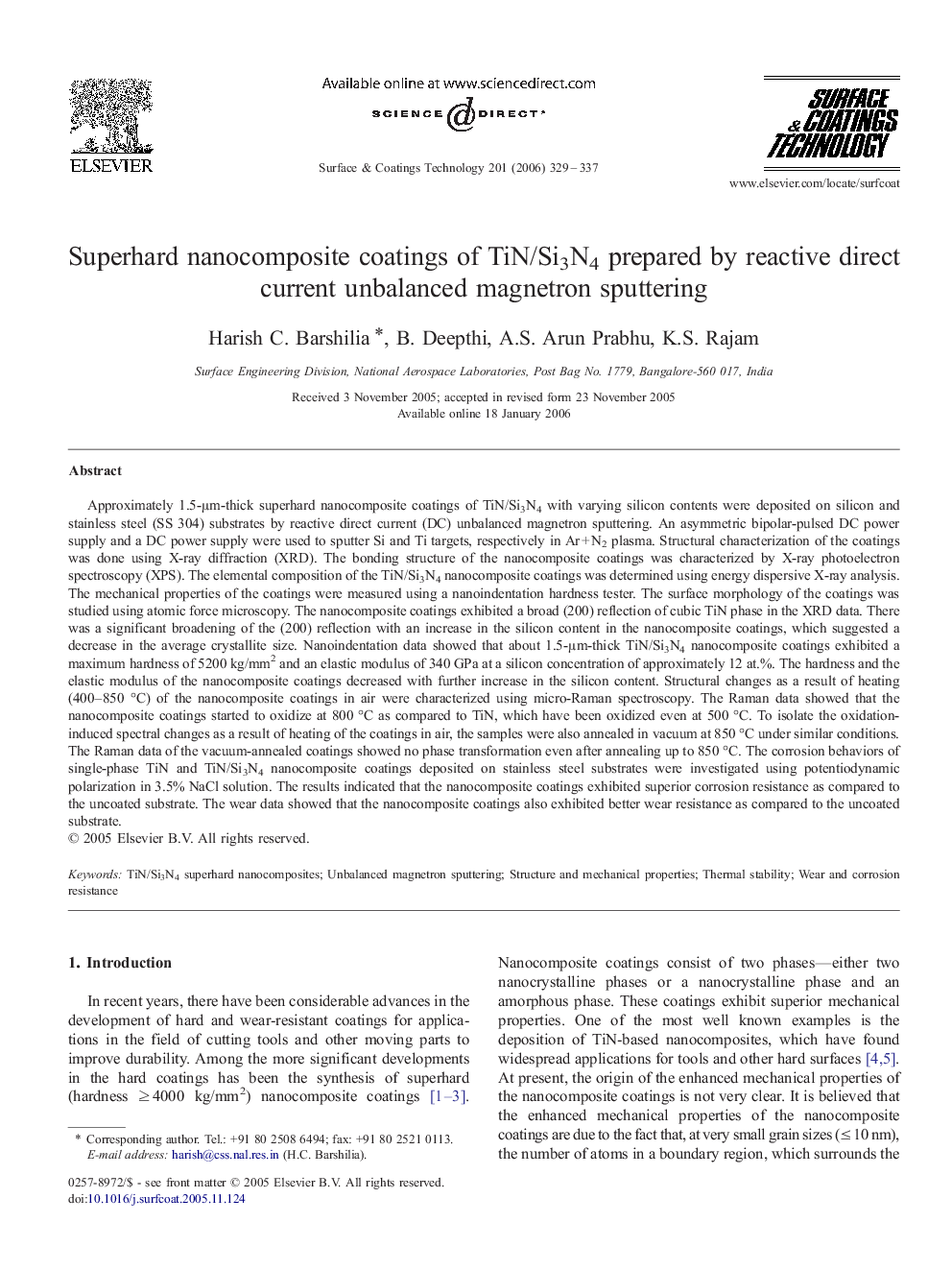 Superhard nanocomposite coatings of TiN/Si3N4 prepared by reactive direct current unbalanced magnetron sputtering