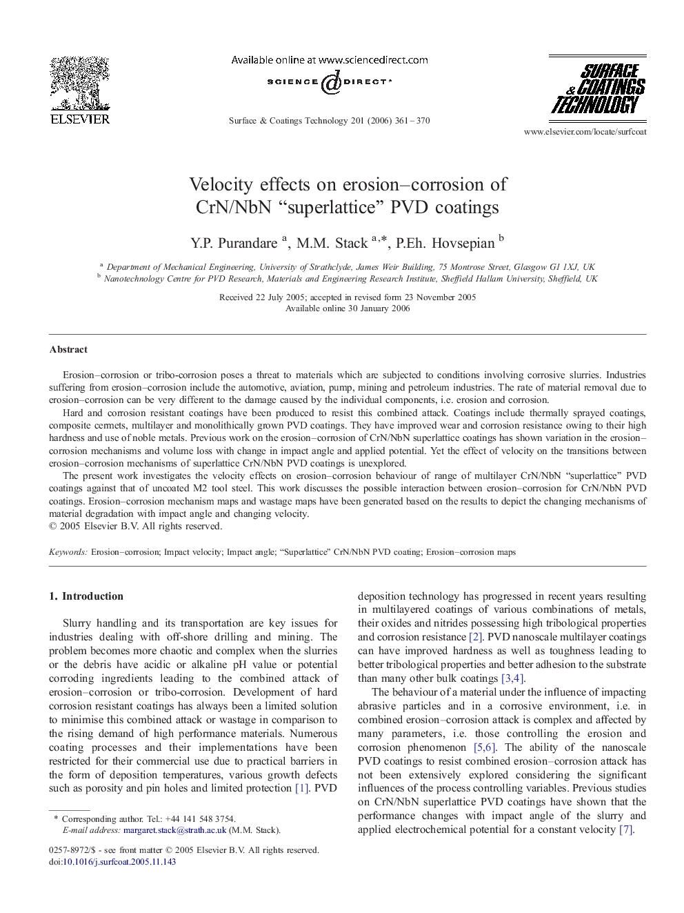 Velocity effects on erosion-corrosion of CrN/NbN “superlattice” PVD coatings