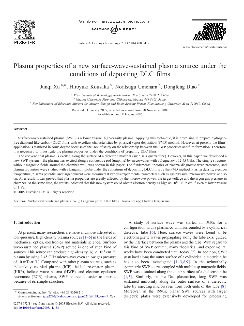 Plasma properties of a new surface-wave-sustained plasma source under the conditions of depositing DLC films