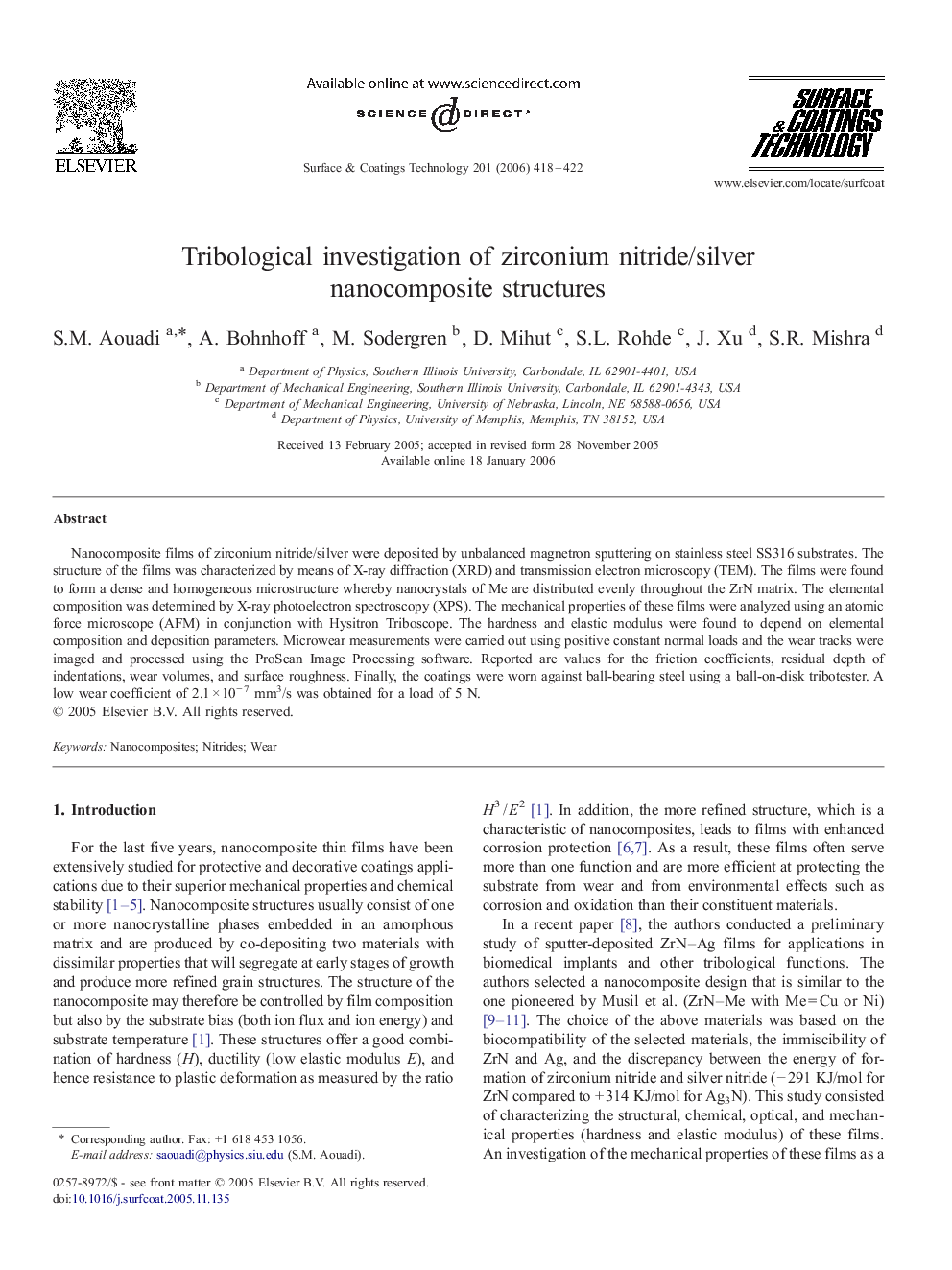 Tribological investigation of zirconium nitride/silver nanocomposite structures