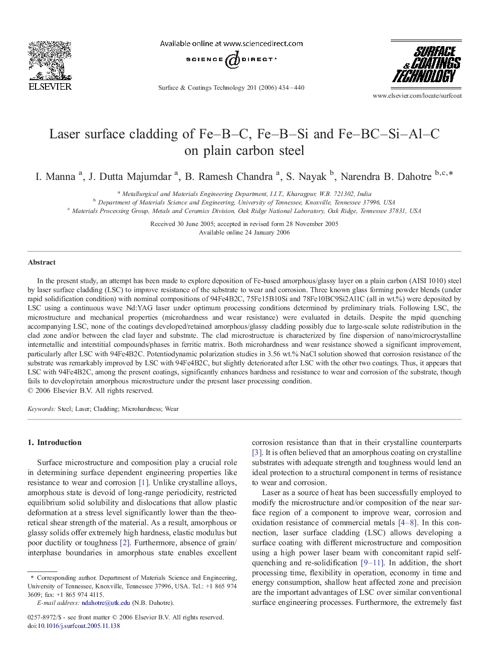 Laser surface cladding of Fe–B–C, Fe–B–Si and Fe–BC–Si–Al–C on plain carbon steel