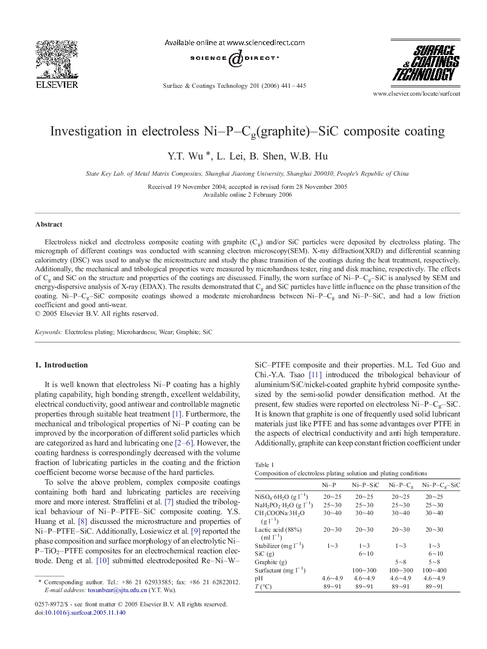 Investigation in electroless Ni-P-Cg(graphite)-SiC composite coating
