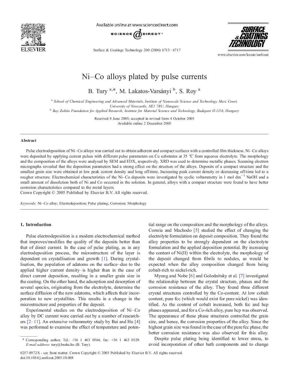 Ni–Co alloys plated by pulse currents