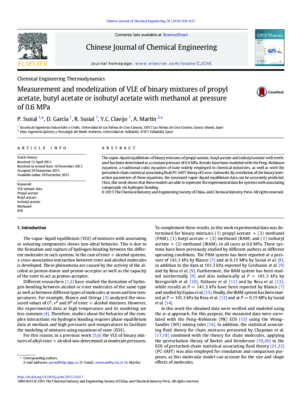 Measurement and modelization of VLE of binary mixtures of propyl acetate, butyl acetate or isobutyl acetate with methanol at pressure of 0.6 MPa