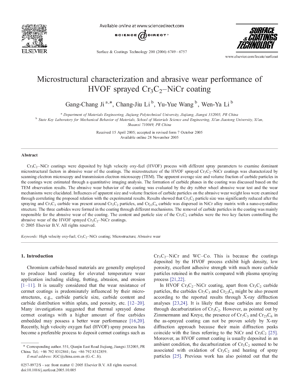 Microstructural characterization and abrasive wear performance of HVOF sprayed Cr3C2–NiCr coating