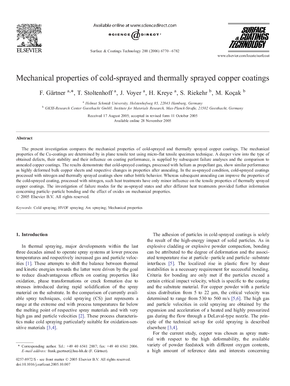 Mechanical properties of cold-sprayed and thermally sprayed copper coatings