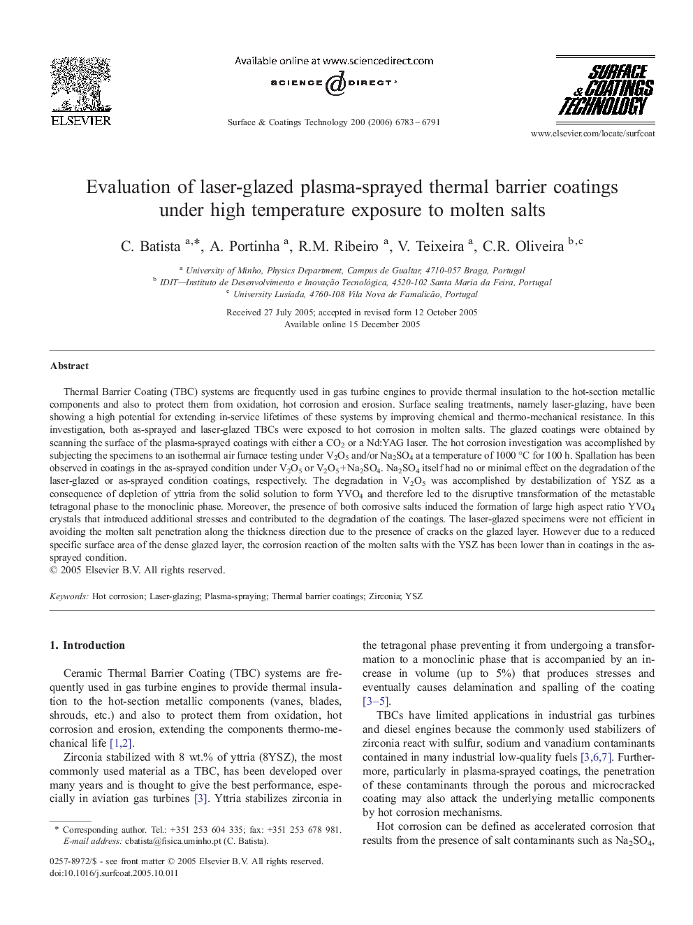 Evaluation of laser-glazed plasma-sprayed thermal barrier coatings under high temperature exposure to molten salts