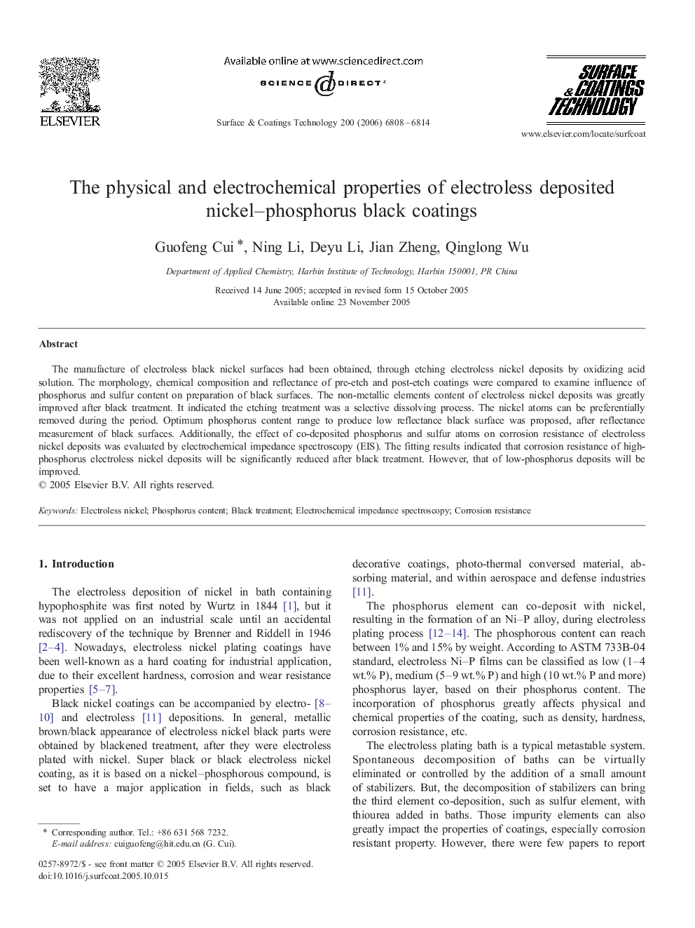 The physical and electrochemical properties of electroless deposited nickel–phosphorus black coatings