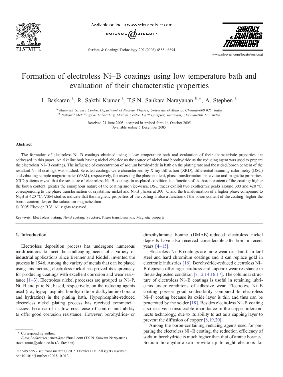 Formation of electroless Ni–B coatings using low temperature bath and evaluation of their characteristic properties