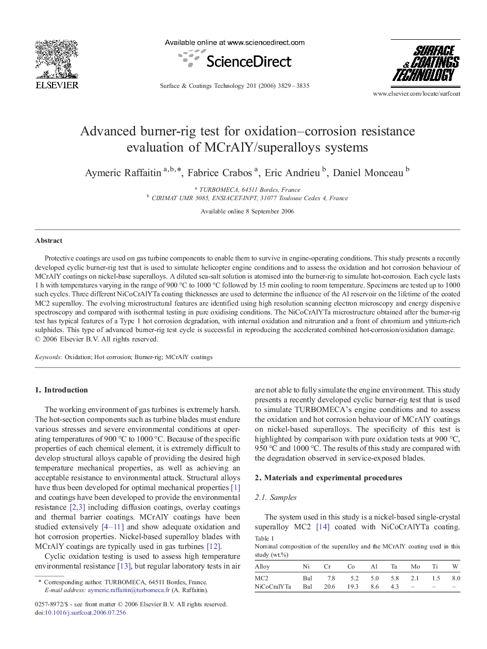 Advanced burner-rig test for oxidation–corrosion resistance evaluation of MCrAlY/superalloys systems