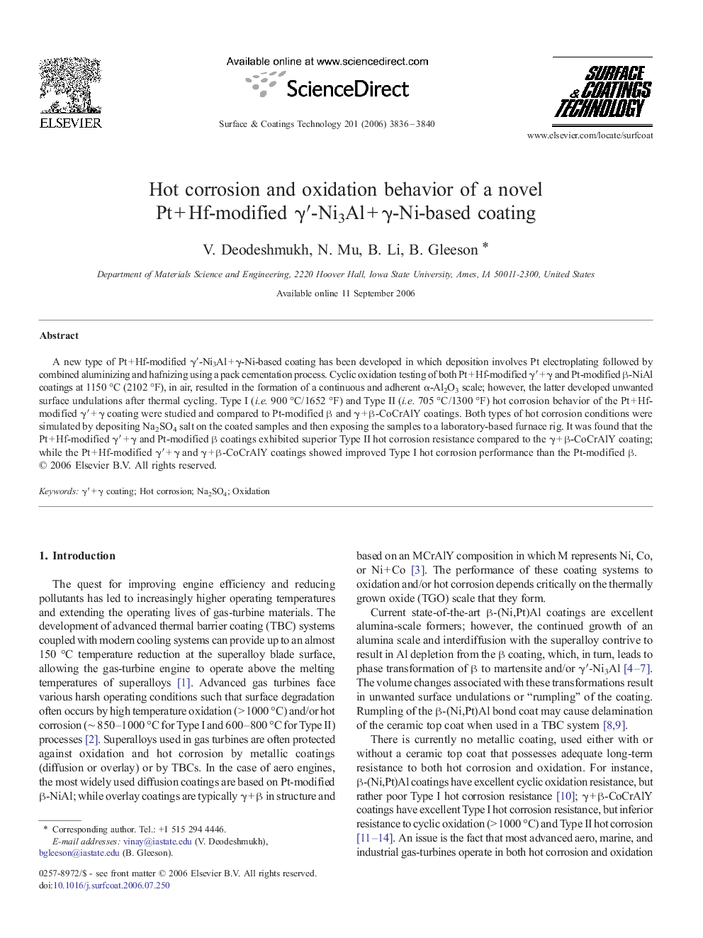 Hot corrosion and oxidation behavior of a novel Pt + Hf-modified γ′-Ni3Al + γ-Ni-based coating