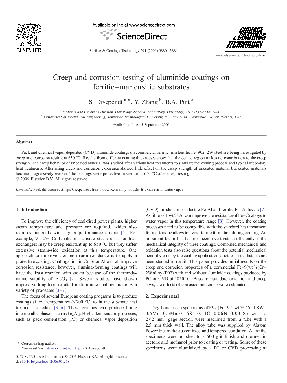 Creep and corrosion testing of aluminide coatings on ferritic–martensitic substrates