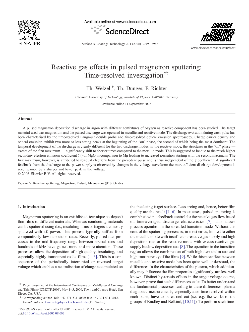 Reactive gas effects in pulsed magnetron sputtering: Time-resolved investigation 