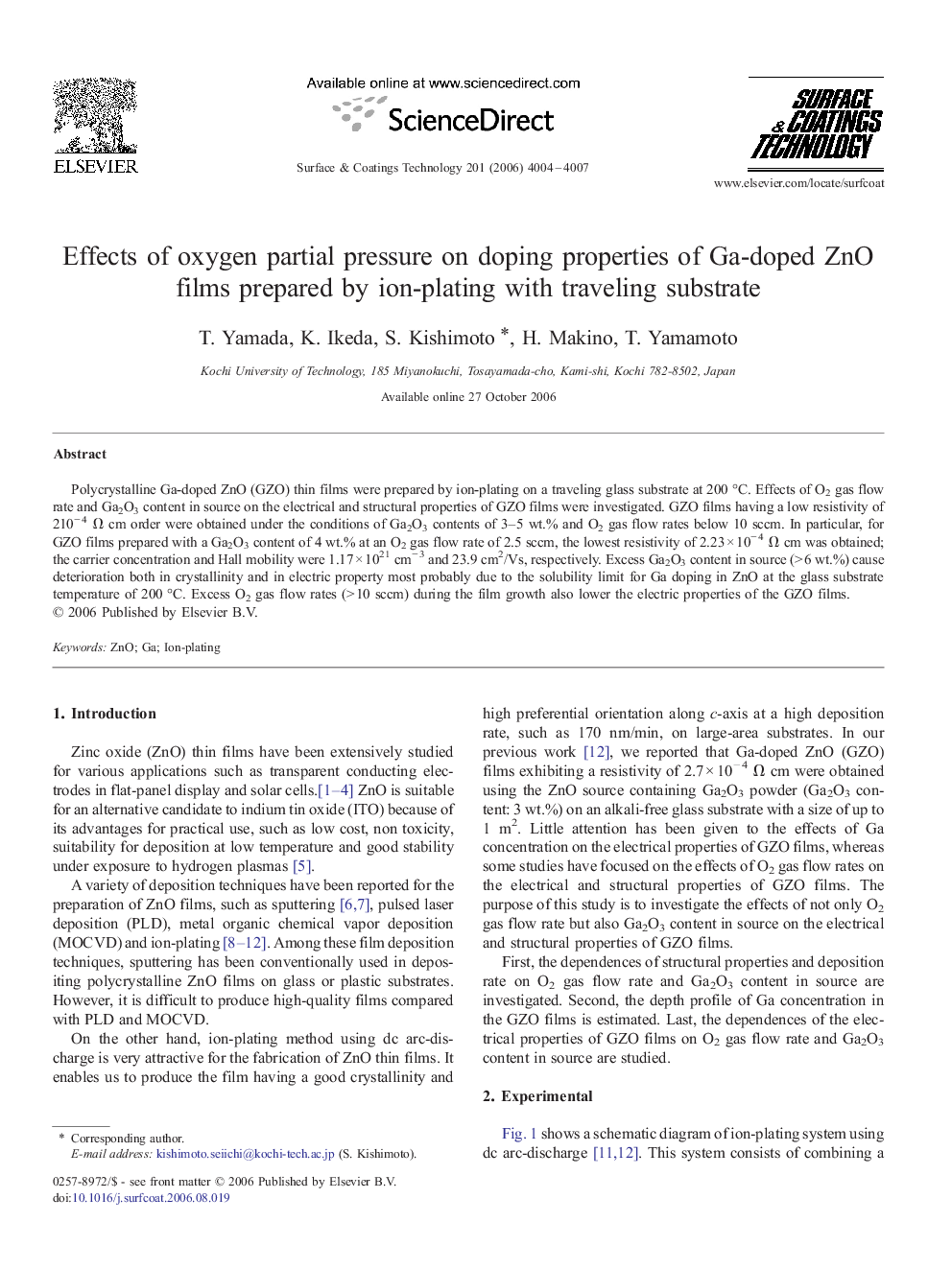 Effects of oxygen partial pressure on doping properties of Ga-doped ZnO films prepared by ion-plating with traveling substrate