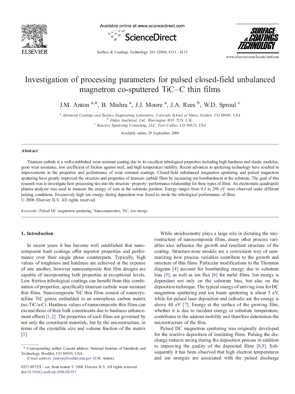 Investigation of processing parameters for pulsed closed-field unbalanced magnetron co-sputtered TiC–C thin films