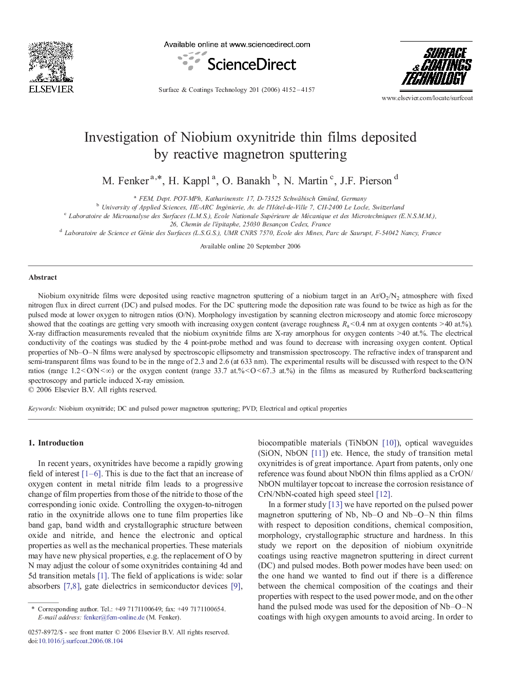 Investigation of Niobium oxynitride thin films deposited by reactive magnetron sputtering