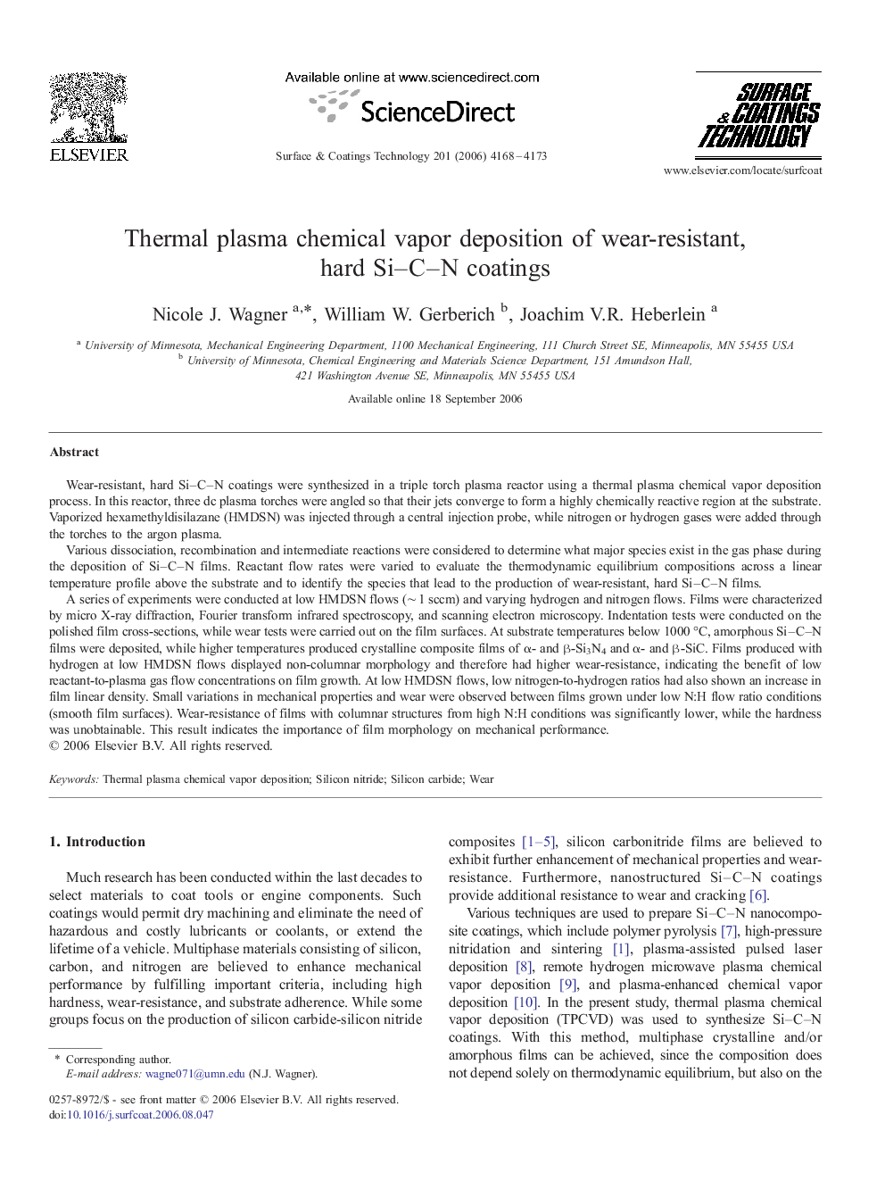 Thermal plasma chemical vapor deposition of wear-resistant, hard Si–C–N coatings