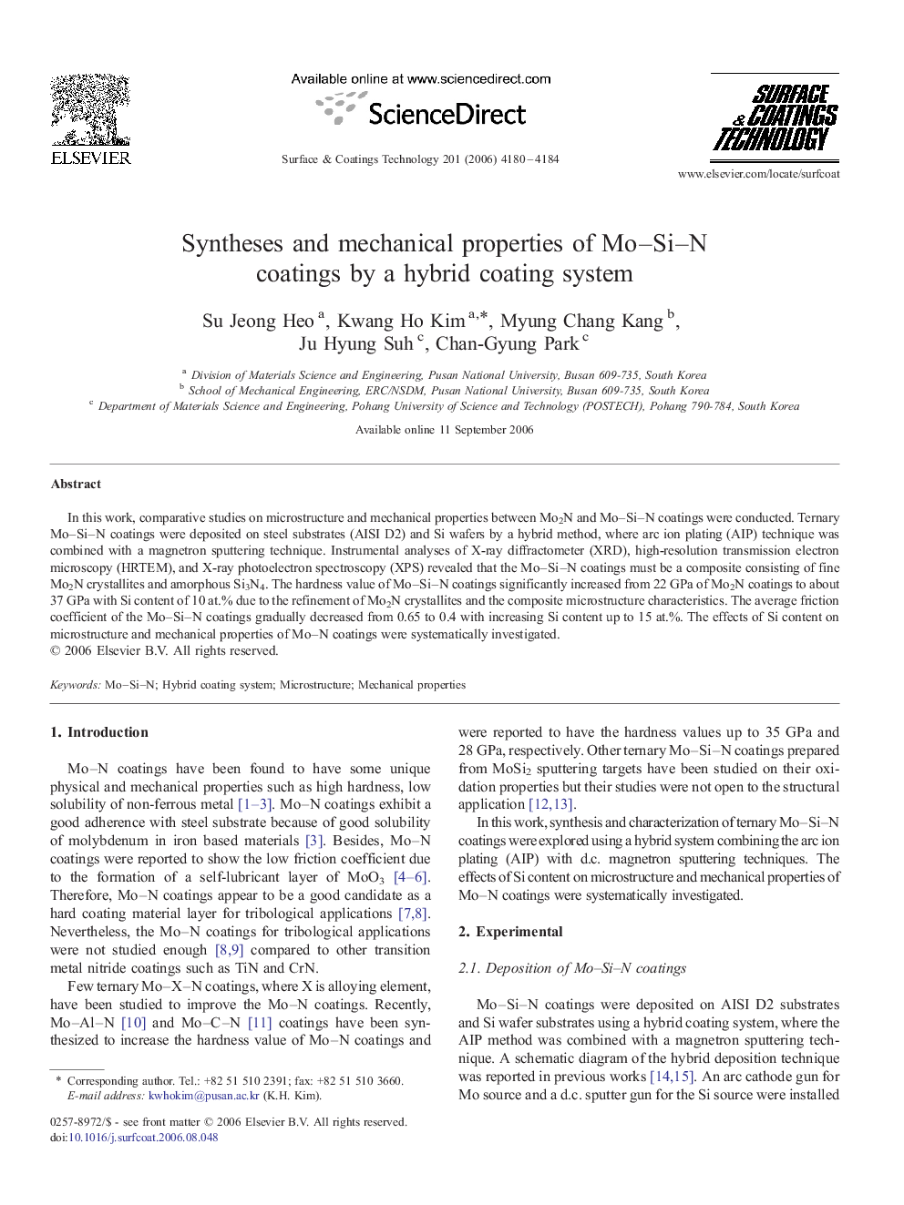 Syntheses and mechanical properties of Mo–Si–N coatings by a hybrid coating system