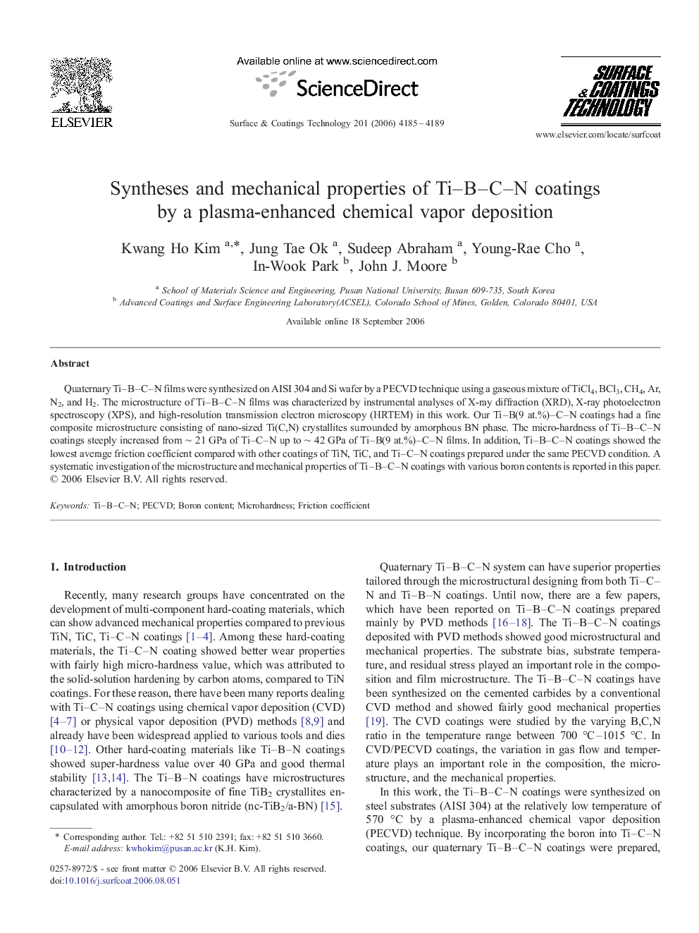 Syntheses and mechanical properties of Ti–B–C–N coatings by a plasma-enhanced chemical vapor deposition