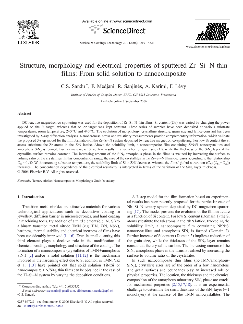 Structure, morphology and electrical properties of sputtered Zr-Si-N thin films: From solid solution to nanocomposite