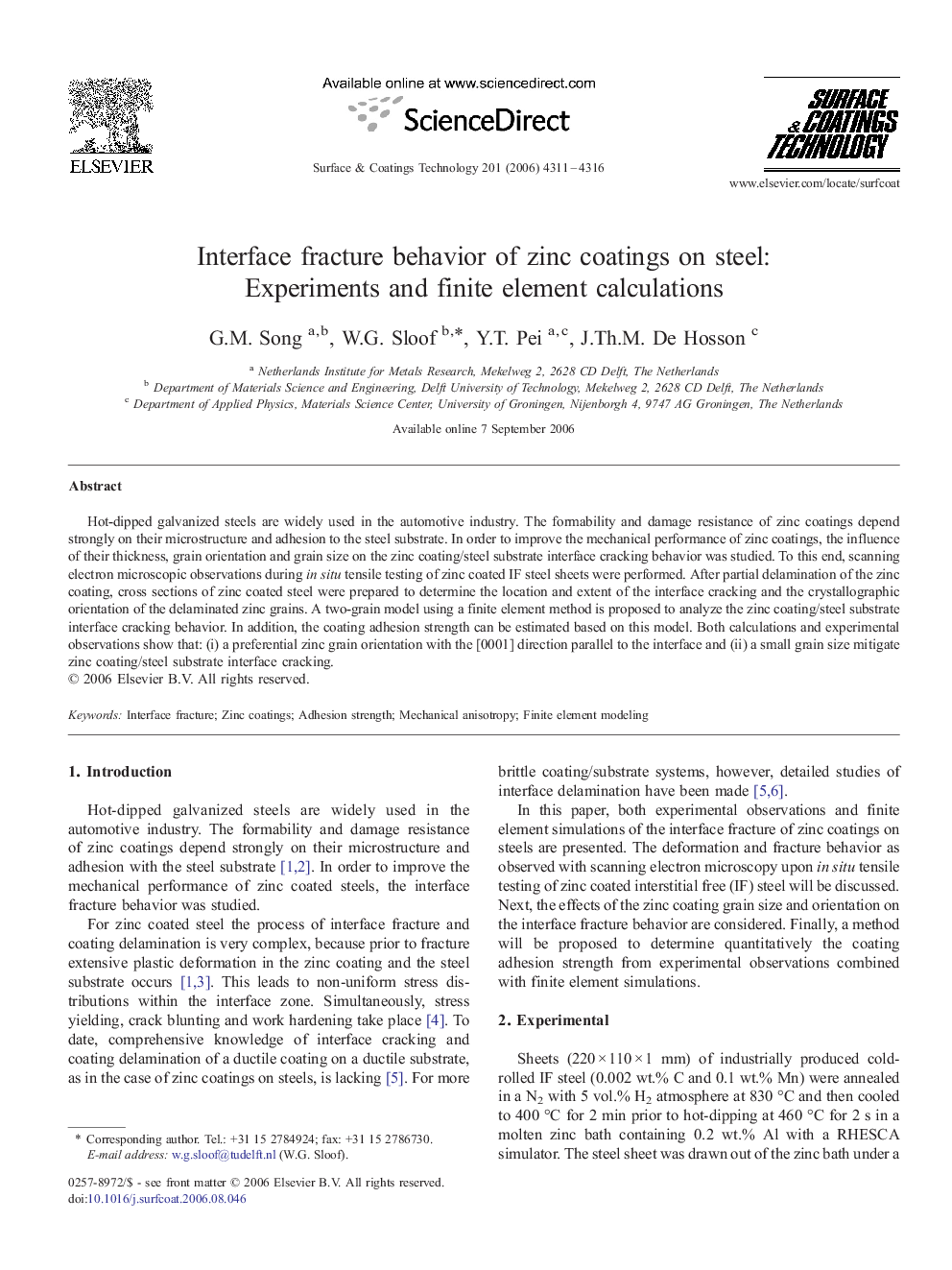 Interface fracture behavior of zinc coatings on steel: Experiments and finite element calculations