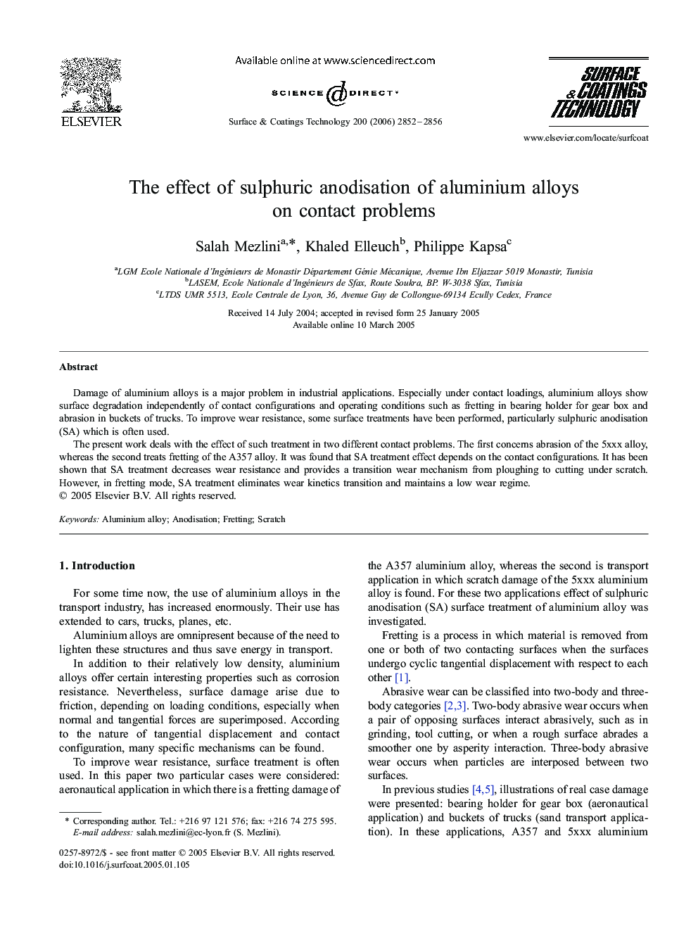 The effect of sulphuric anodisation of aluminium alloys on contact problems