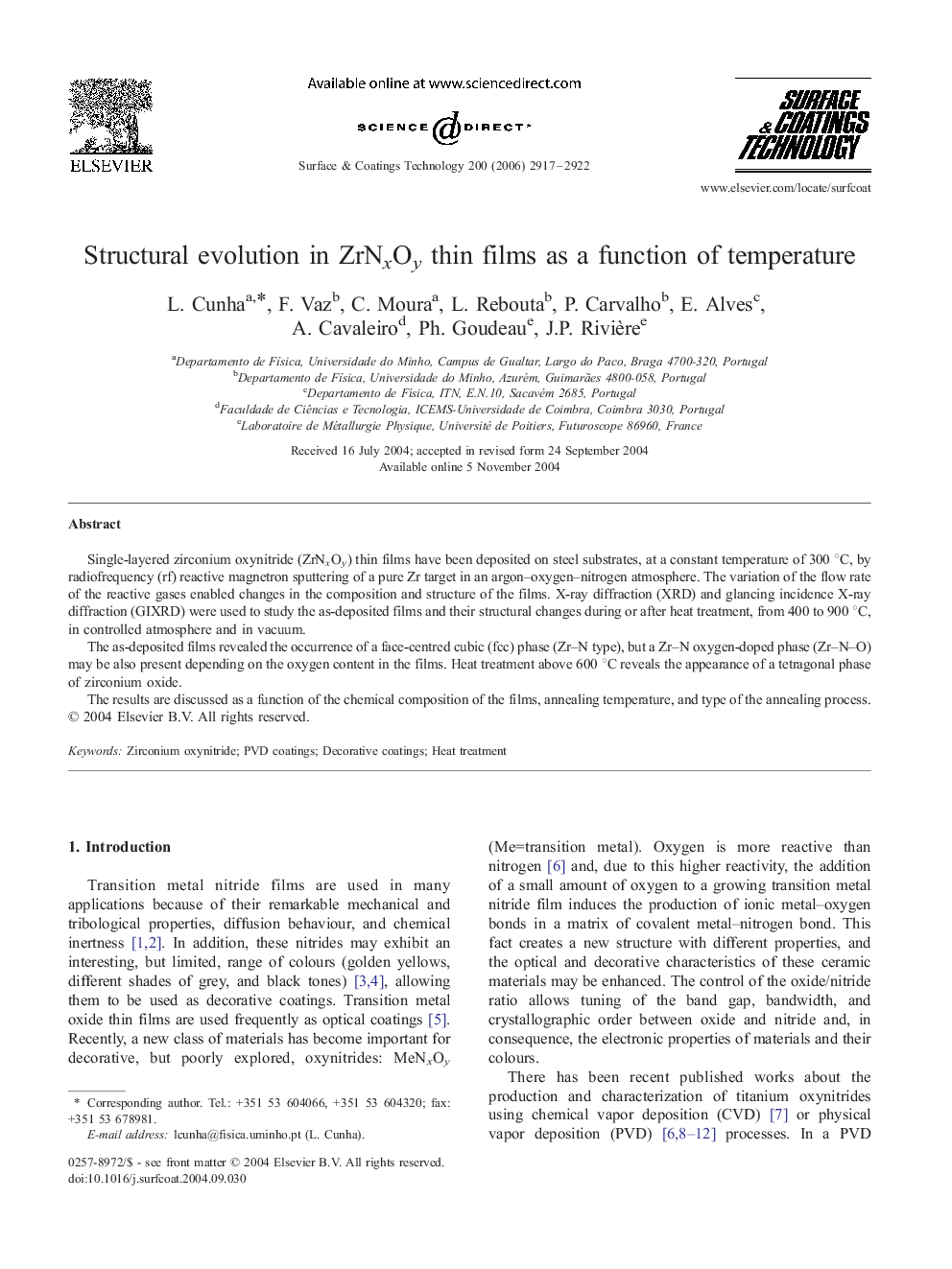 Structural evolution in ZrNxOy thin films as a function of temperature