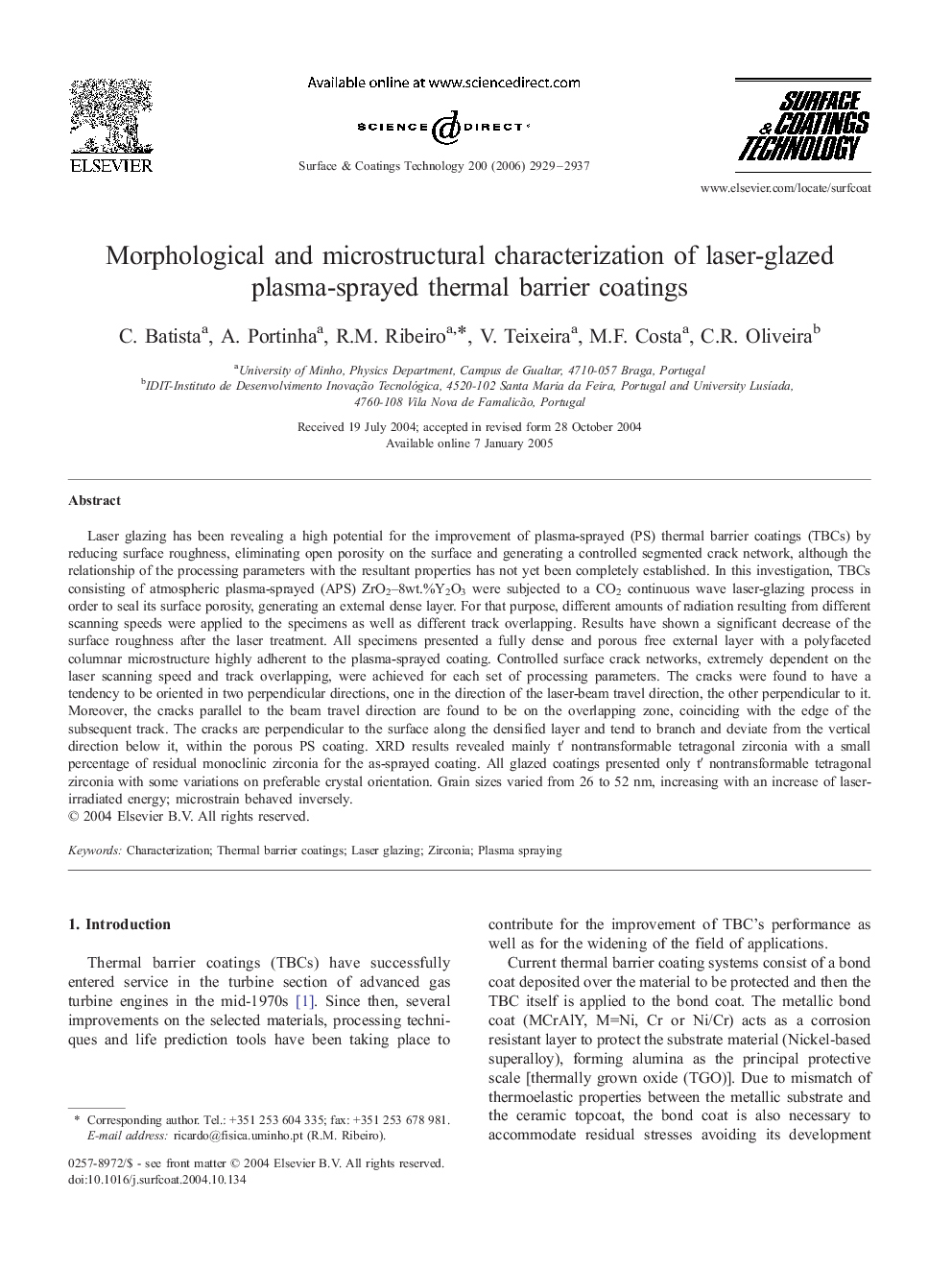 Morphological and microstructural characterization of laser-glazed plasma-sprayed thermal barrier coatings