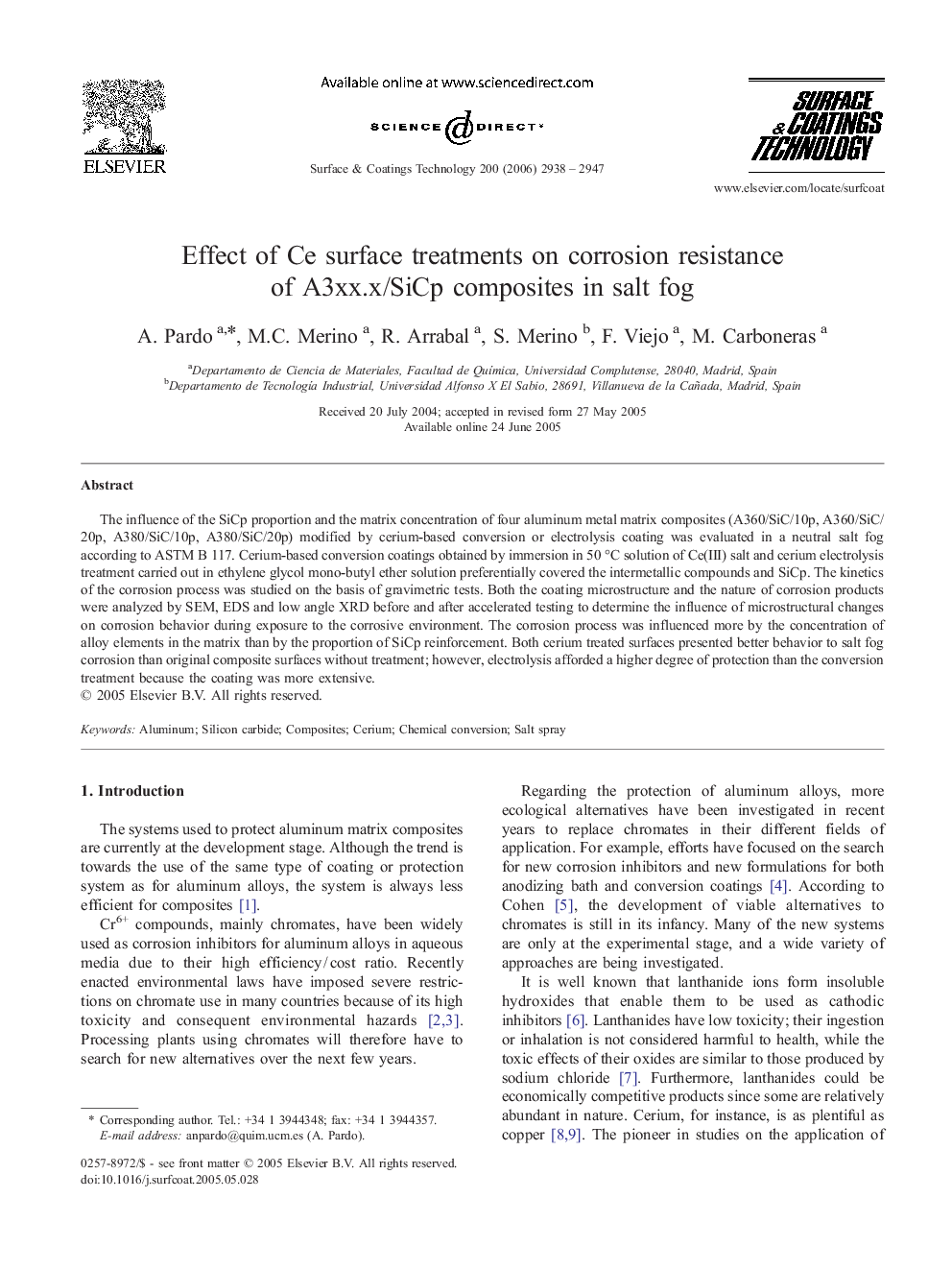 Effect of Ce surface treatments on corrosion resistance of A3xx.x/SiCp composites in salt fog