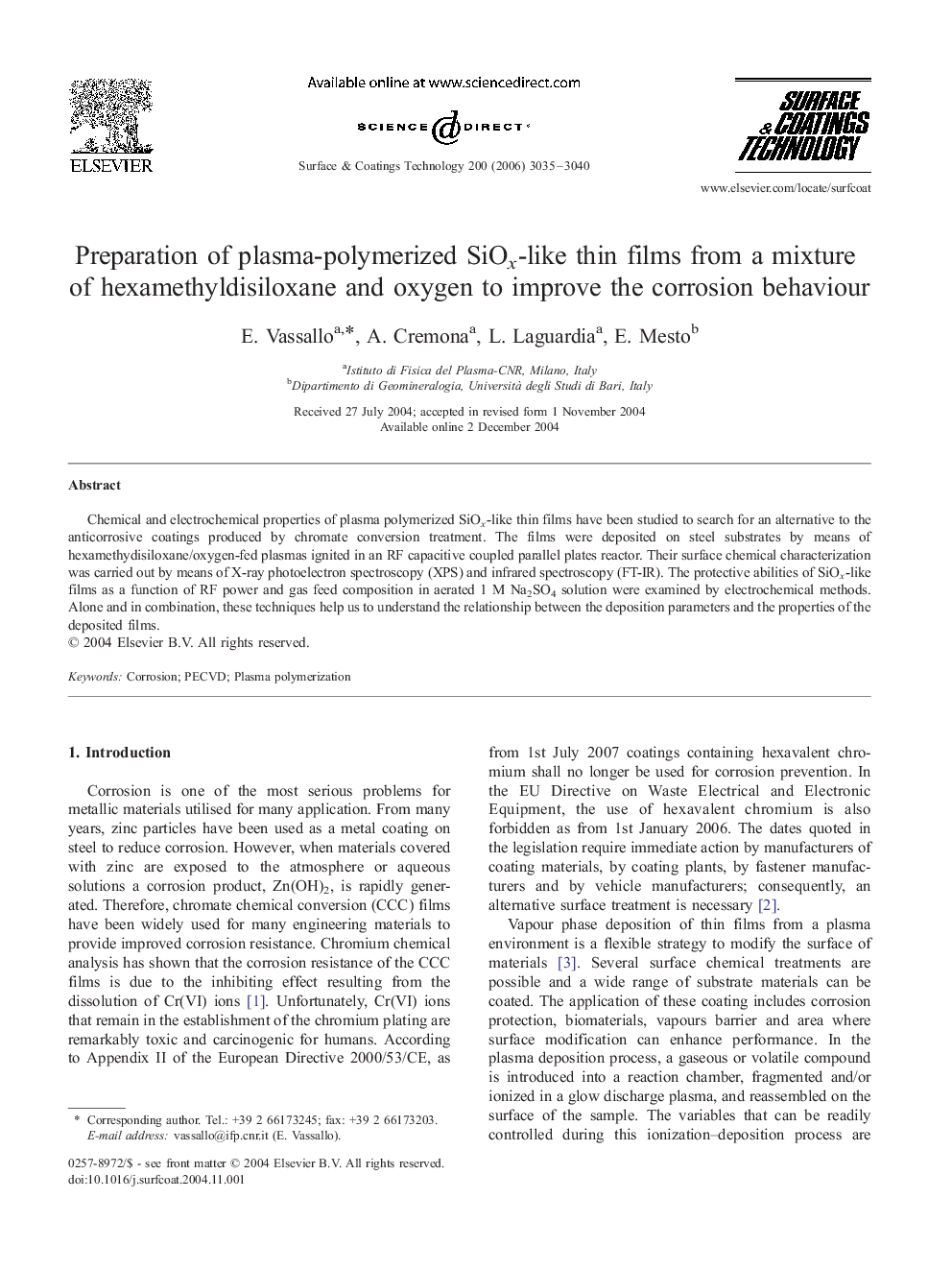 Preparation of plasma-polymerized SiOx-like thin films from a mixture of hexamethyldisiloxane and oxygen to improve the corrosion behaviour