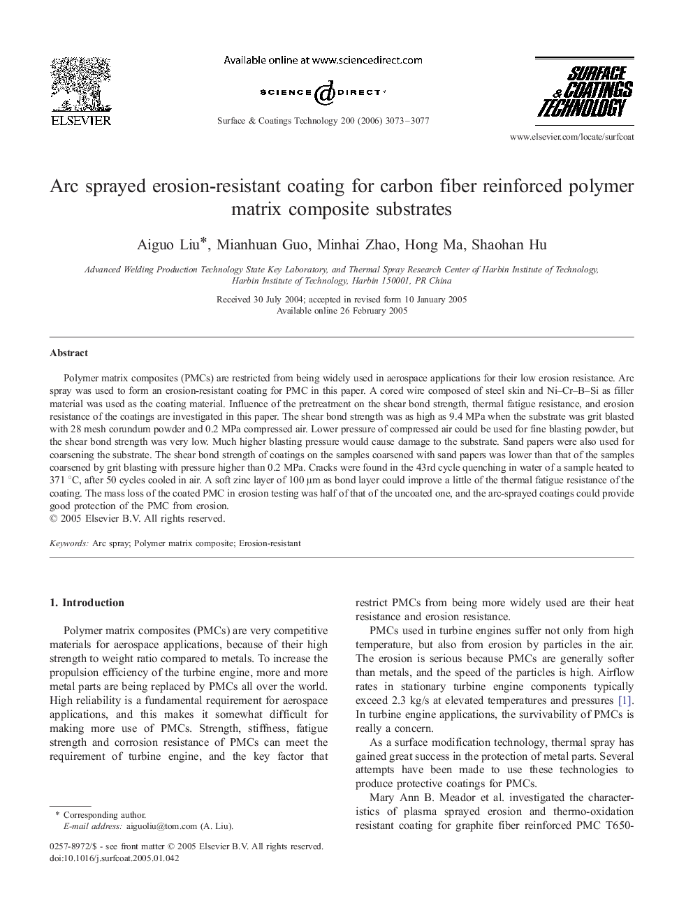 Arc sprayed erosion-resistant coating for carbon fiber reinforced polymer matrix composite substrates