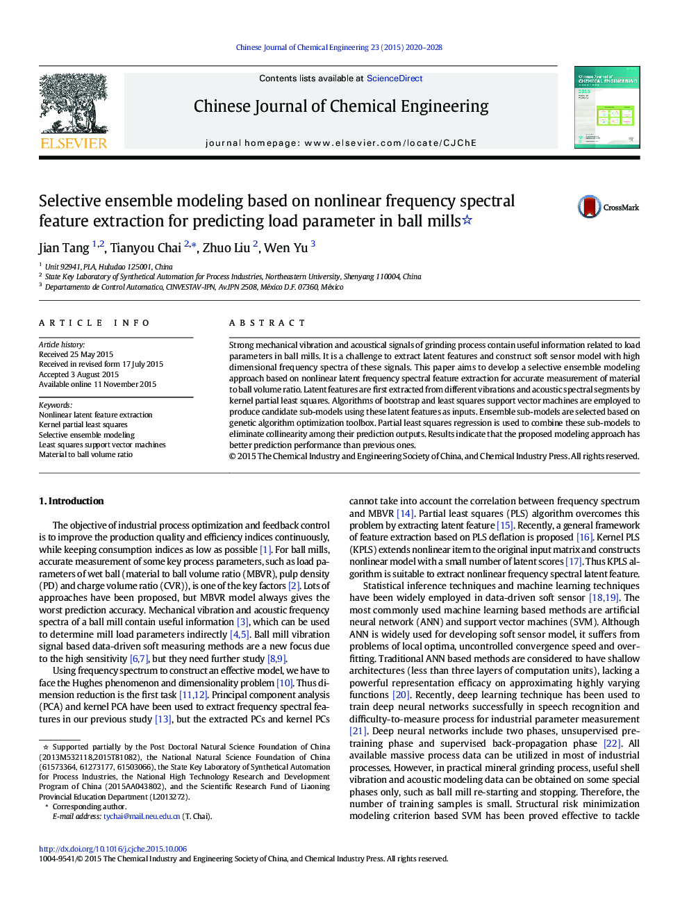 Selective ensemble modeling based on nonlinear frequency spectral feature extraction for predicting load parameter in ball mills 