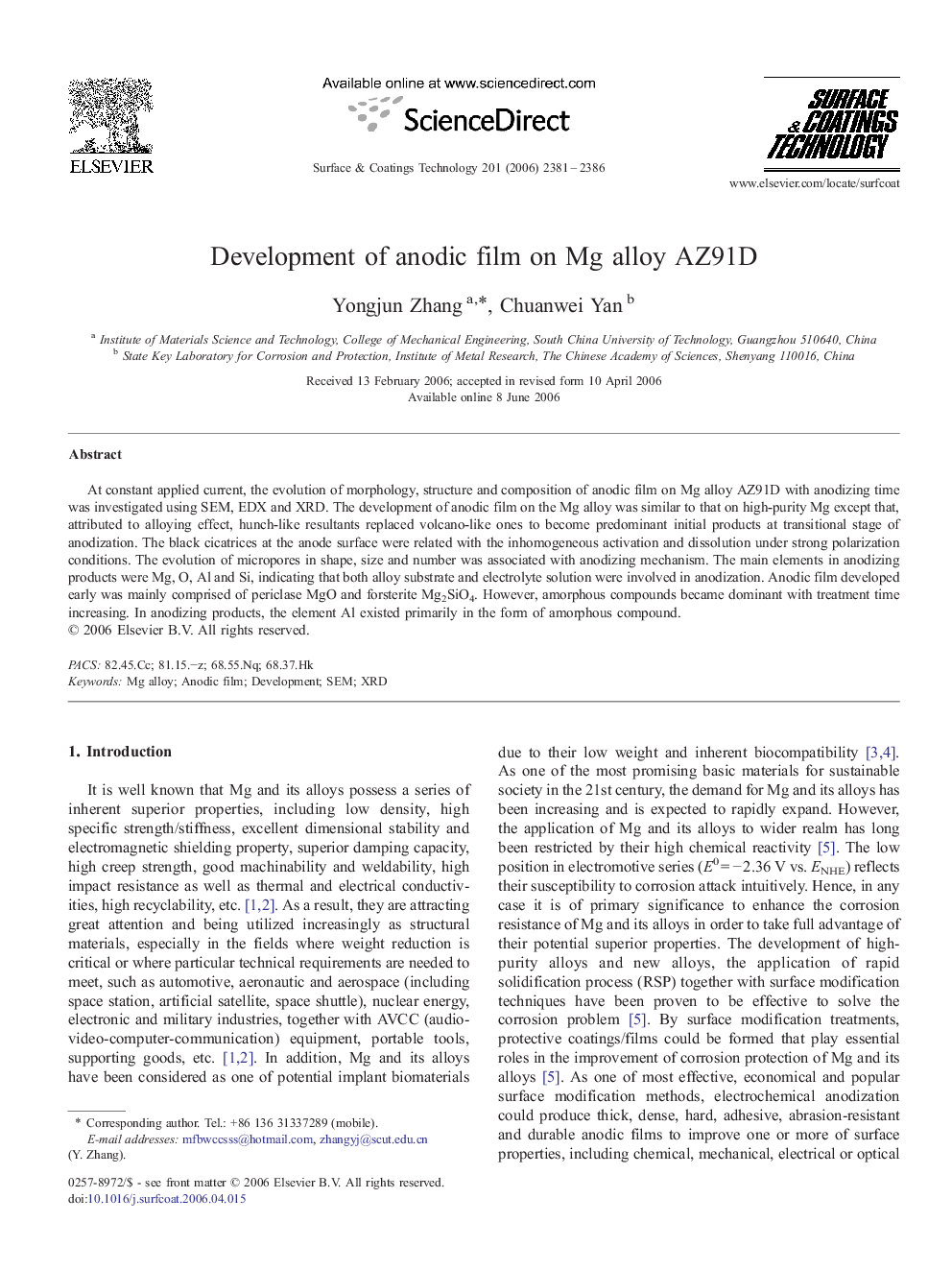 Development of anodic film on Mg alloy AZ91D