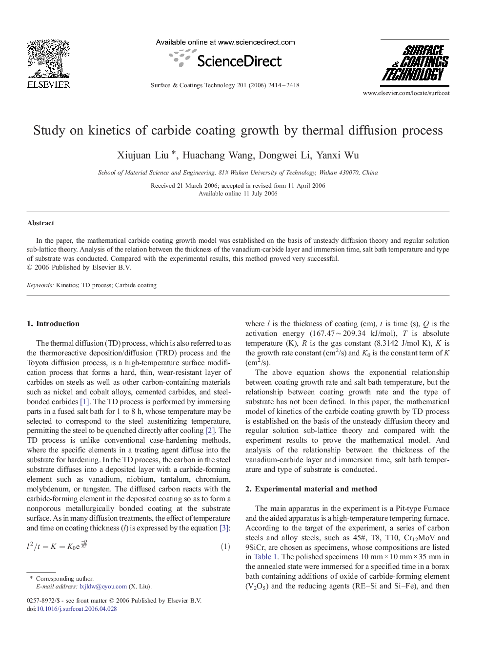 Study on kinetics of carbide coating growth by thermal diffusion process