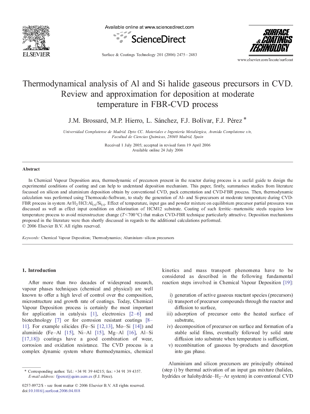 Thermodynamical analysis of Al and Si halide gaseous precursors in CVD. Review and approximation for deposition at moderate temperature in FBR-CVD process