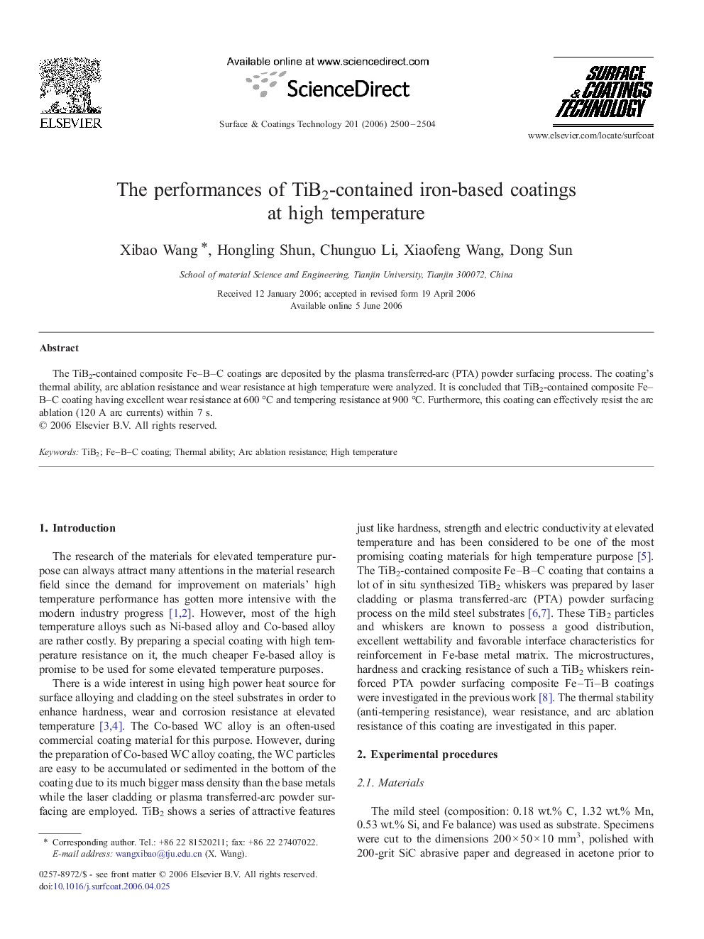 The performances of TiB2-contained iron-based coatings at high temperature