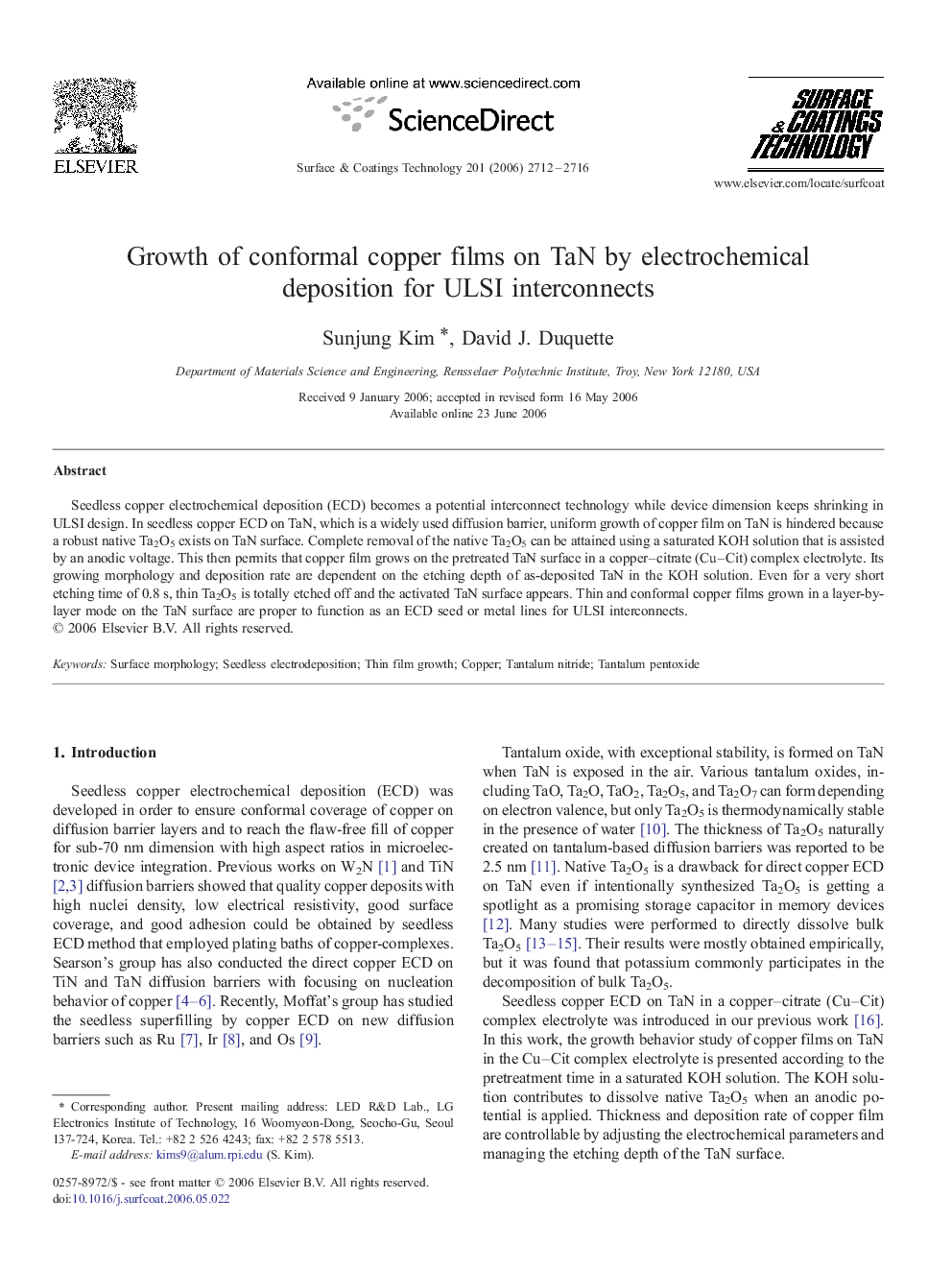 عکس صفحه اول مقاله: Growth of conformal copper films on TaN by electrochemical deposition for ULSI interconnects Growth of conformal copper films on TaN by electrochemical deposition for ULSI interconnects