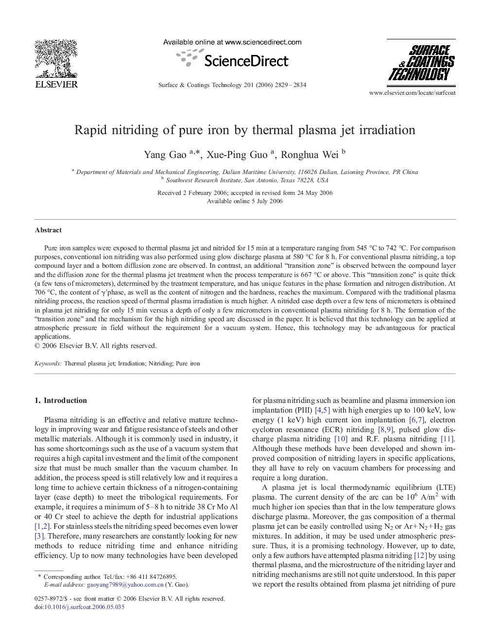 Rapid nitriding of pure iron by thermal plasma jet irradiation