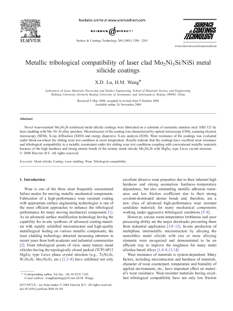 Metallic tribological compatibility of laser clad Mo2Ni3Si/NiSi metal silicide coatings