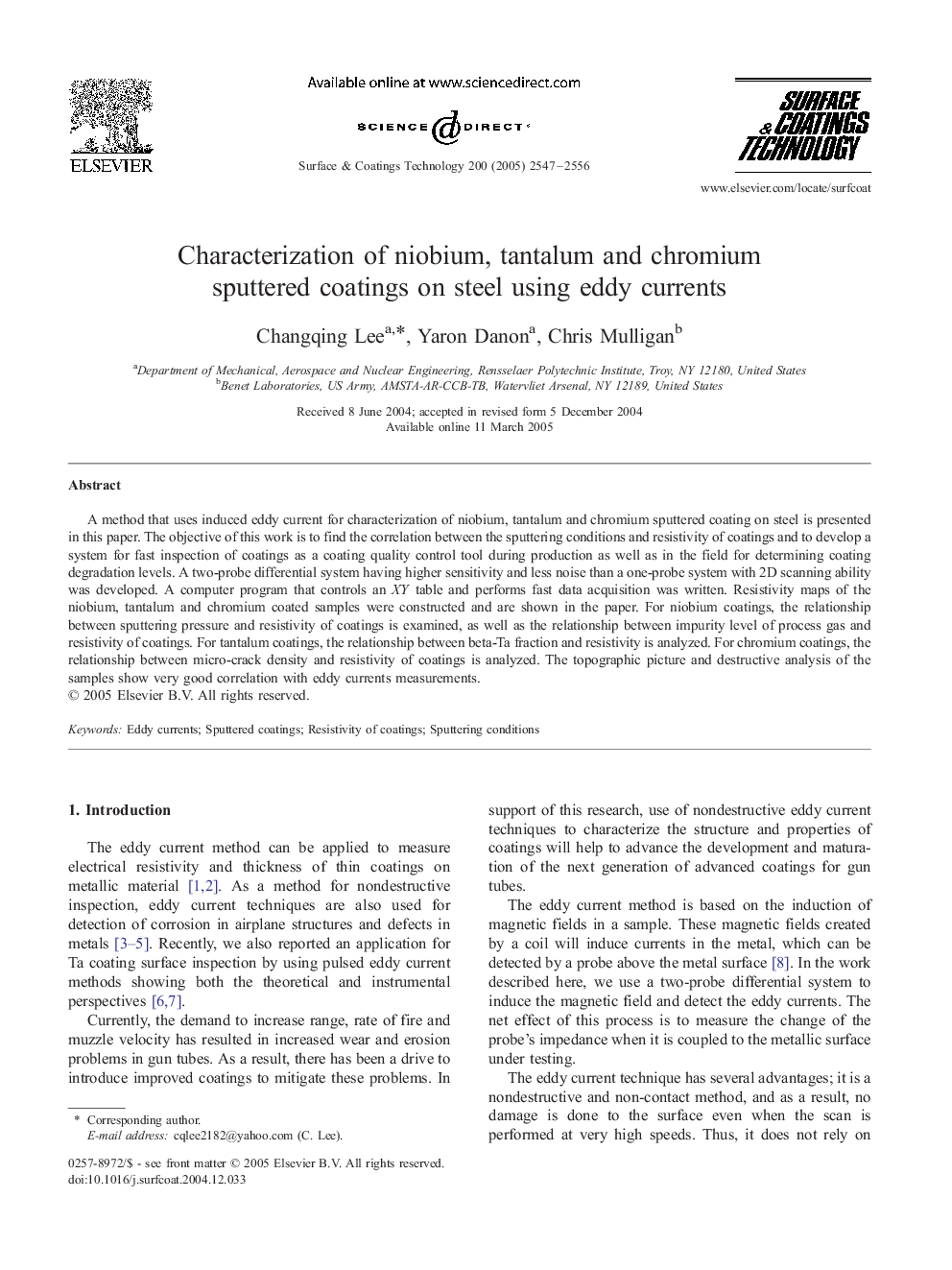 Characterization of niobium, tantalum and chromium sputtered coatings on steel using eddy currents