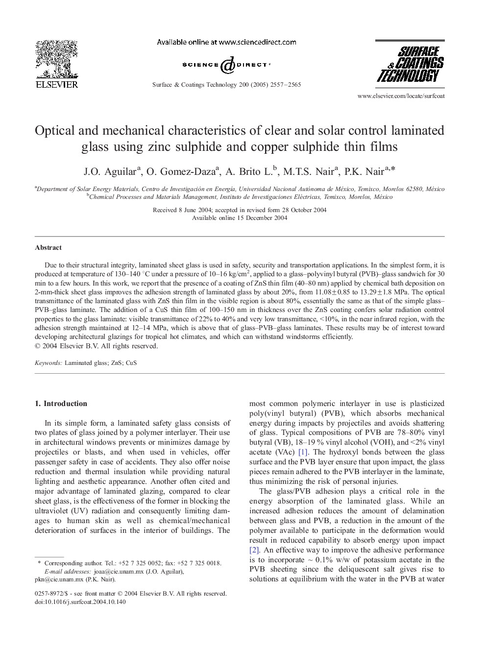 Optical and mechanical characteristics of clear and solar control laminated glass using zinc sulphide and copper sulphide thin films