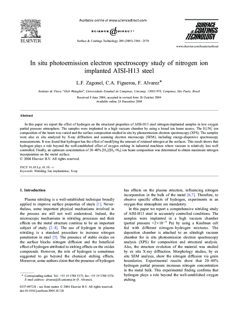 In situ photoemission electron spectroscopy study of nitrogen ion implanted AISI-H13 steel