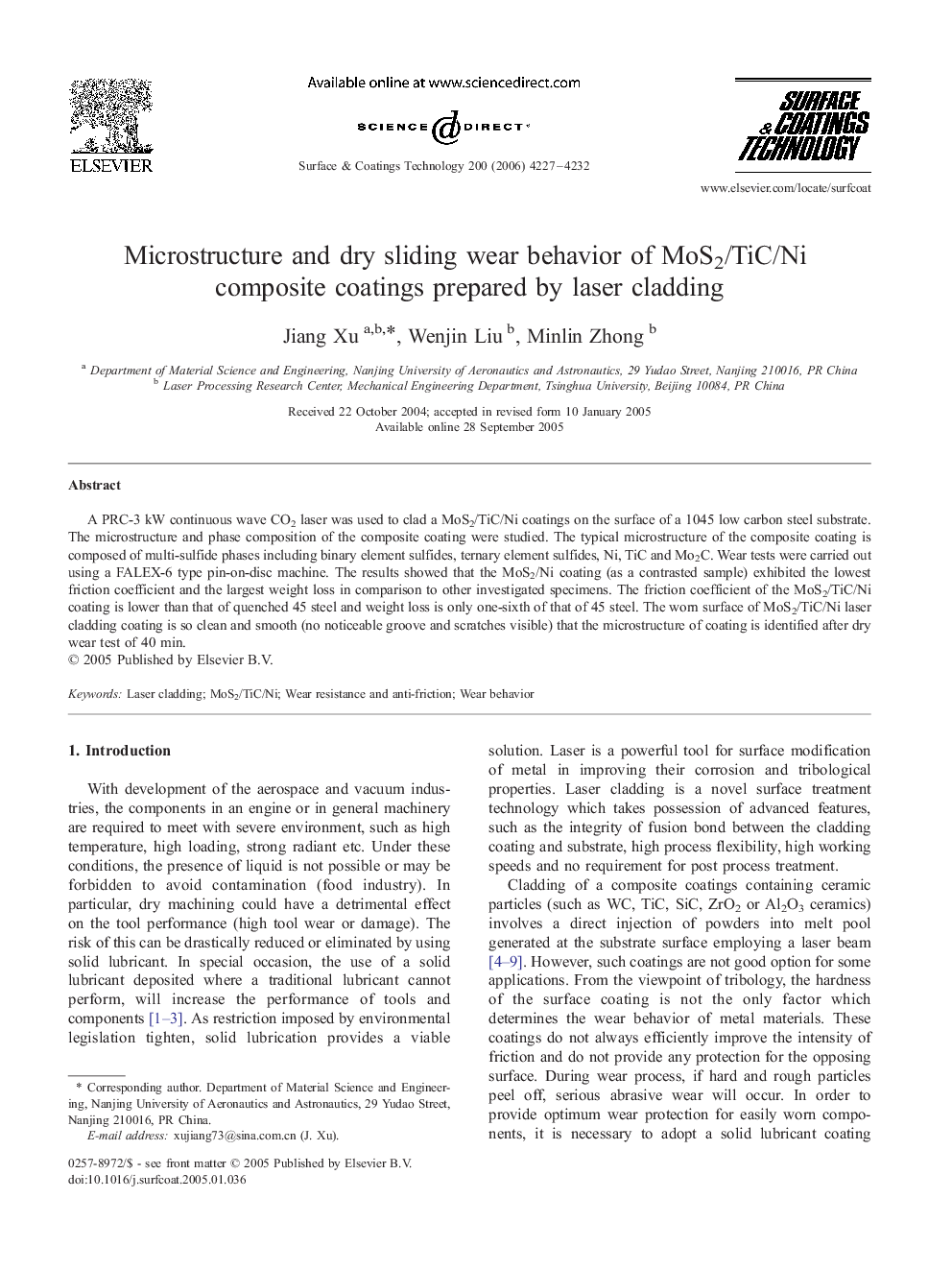 Microstructure and dry sliding wear behavior of MoS2/TiC/Ni composite coatings prepared by laser cladding
