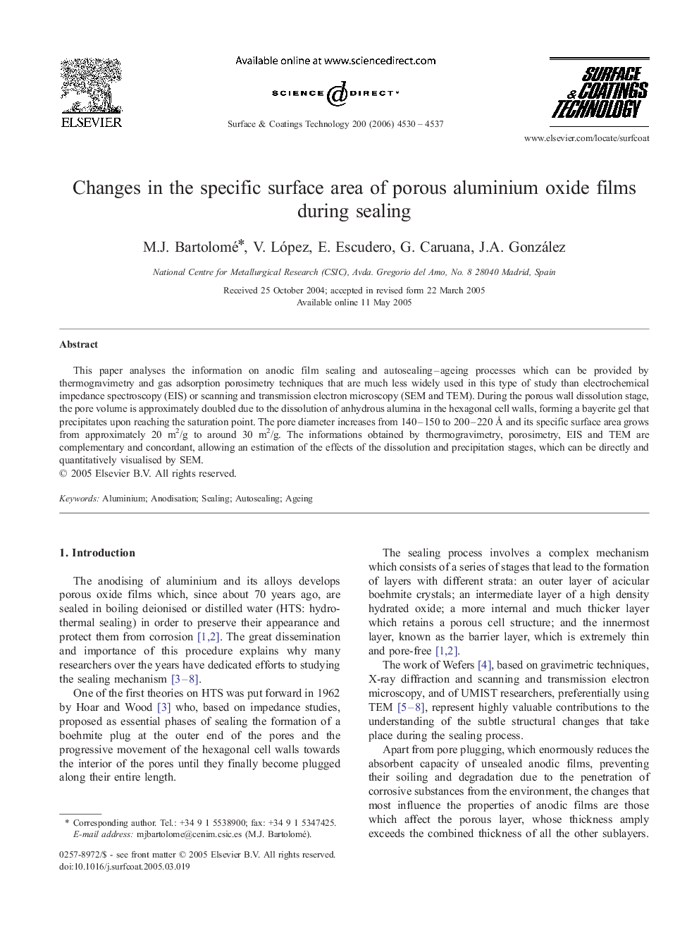 Changes in the specific surface area of porous aluminium oxide films during sealing