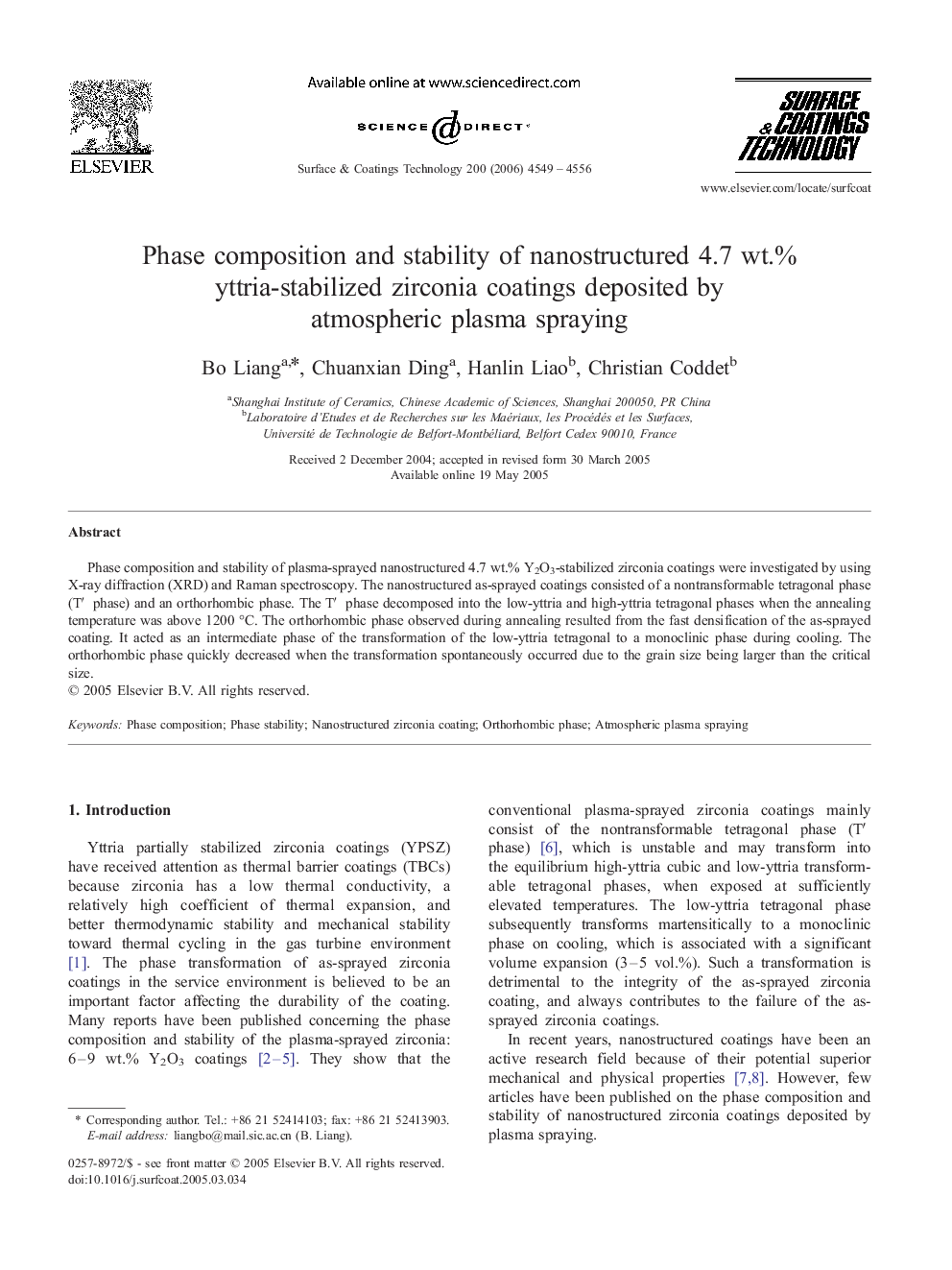 Phase composition and stability of nanostructured 4.7 wt.% yttria-stabilized zirconia coatings deposited by atmospheric plasma spraying