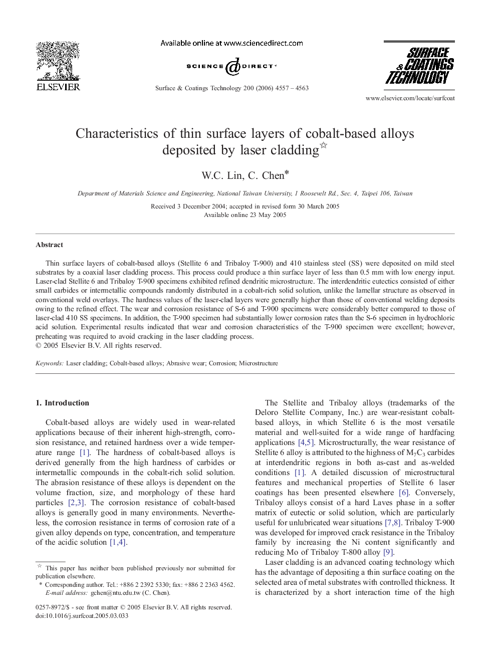 Characteristics of thin surface layers of cobalt-based alloys deposited by laser cladding 