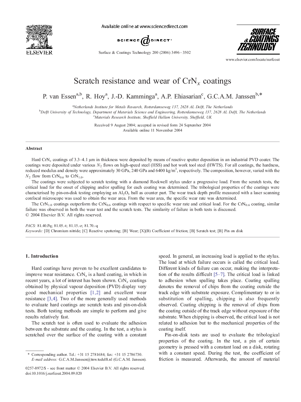 Scratch resistance and wear of CrNx coatings